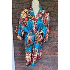 Teal Floral Robe Medium Kimono Asian Cheongsom Tie